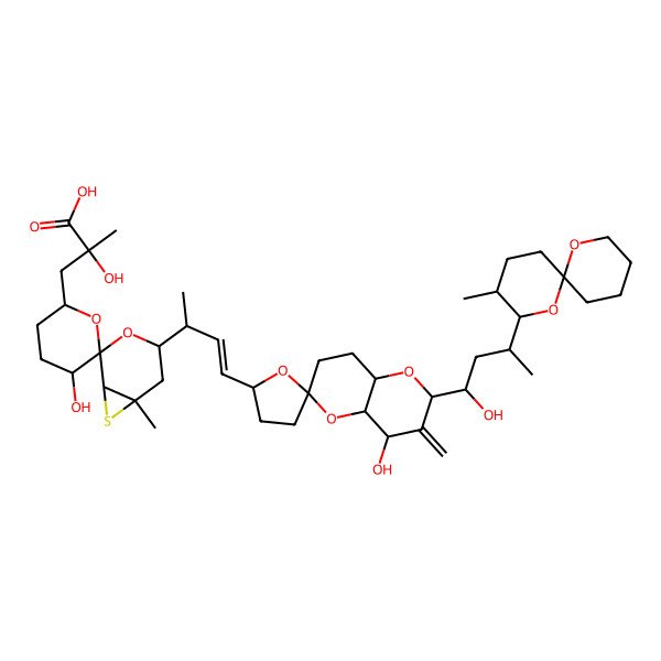 2D Structure of (2R)-3-[(1S,2S,2'S,4S,5'R,6R)-4-[(E,2R)-4-[(2S,2'R,4R,4aS,6R,8aR)-4-hydroxy-2-[(1S,3S)-1-hydroxy-3-[(2S,3R,6S)-3-methyl-1,7-dioxaspiro[5.5]undecan-2-yl]butyl]-3-methylidenespiro[4a,7,8,8a-tetrahydro-4H-pyrano[3,2-b]pyran-6,5'-oxolane]-2'-yl]but-3-en-2-yl]-5'-hydroxy-6-methylspiro[3-oxa-7-thiabicyclo[4.1.0]heptane-2,6'-oxane]-2'-yl]-2-hydroxy-2-methylpropanoic acid