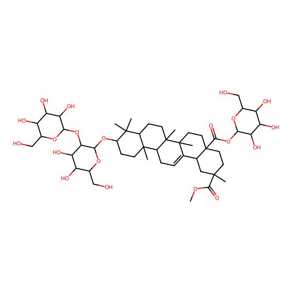 2D Structure of 2-O-methyl 4a-O-[(2R,3S,4R,5R,6S)-3,4,5-trihydroxy-6-(hydroxymethyl)oxan-2-yl] (2R,4aS,6aS,6aS,6bR,8aR,10S,12aR,14bR)-10-[(2S,3S,4R,5R,6S)-4,5-dihydroxy-6-(hydroxymethyl)-3-[(2R,3S,4R,5R,6S)-3,4,5-trihydroxy-6-(hydroxymethyl)oxan-2-yl]oxyoxan-2-yl]oxy-2,6a,6b,9,9,12a-hexamethyl-1,3,4,5,6,6a,7,8,8a,10,11,12,13,14b-tetradecahydropicene-2,4a-dicarboxylate