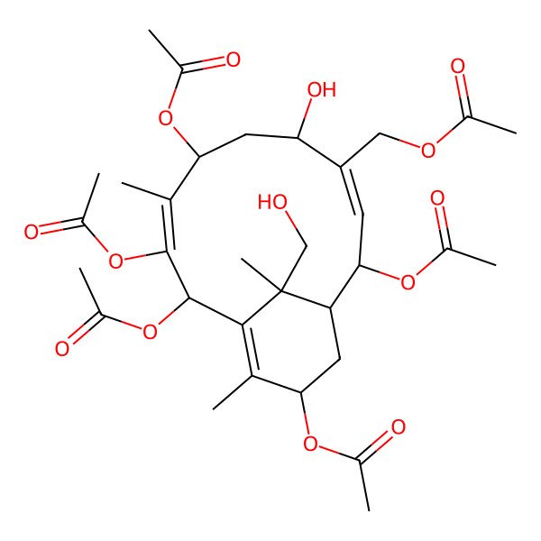 2D Structure of [(1R,2S,3E,5S,7S,8E,10R,13S,15R)-2,7,9,10,13-pentaacetyloxy-5-hydroxy-15-(hydroxymethyl)-8,12,15-trimethyl-4-bicyclo[9.3.1]pentadeca-3,8,11-trienyl]methyl acetate