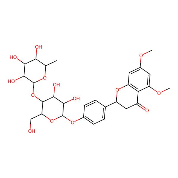 2D Structure of (2S)-2-[4-[(2S,3S,4S,5S,6R)-3,4-dihydroxy-6-(hydroxymethyl)-5-[(2S,3S,4R,5R,6S)-3,4,5-trihydroxy-6-methyloxan-2-yl]oxyoxan-2-yl]oxyphenyl]-5,7-dimethoxy-2,3-dihydrochromen-4-one