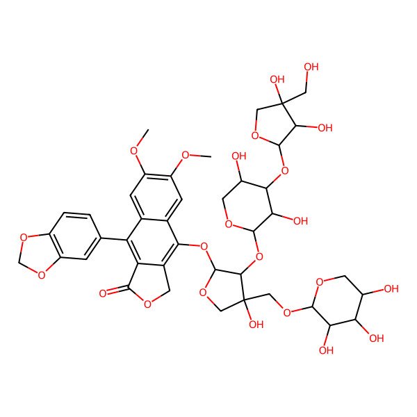2D Structure of 9-(1,3-benzodioxol-5-yl)-4-[3-[4-[3,4-dihydroxy-4-(hydroxymethyl)oxolan-2-yl]oxy-3,5-dihydroxyoxan-2-yl]oxy-4-hydroxy-4-[(3,4,5-trihydroxyoxan-2-yl)oxymethyl]oxolan-2-yl]oxy-6,7-dimethoxy-3H-benzo[f][2]benzofuran-1-one