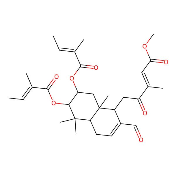2D Structure of methyl (Z)-5-[(1R,4aR,6S,7R,8aS)-2-formyl-5,5,8a-trimethyl-6,7-bis[[(Z)-2-methylbut-2-enoyl]oxy]-1,4,4a,6,7,8-hexahydronaphthalen-1-yl]-3-methyl-4-oxopent-2-enoate