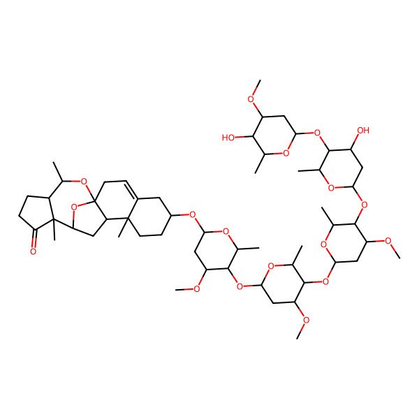 2D Structure of 6-[5-[5-[5-[4-Hydroxy-5-(5-hydroxy-4-methoxy-6-methyloxan-2-yl)oxy-6-methyloxan-2-yl]oxy-4-methoxy-6-methyloxan-2-yl]oxy-4-methoxy-6-methyloxan-2-yl]oxy-4-methoxy-6-methyloxan-2-yl]oxy-9,13,18-trimethyl-19,20-dioxapentacyclo[10.7.1.01,10.04,9.013,17]icos-3-en-14-one