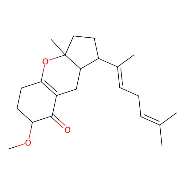 2D Structure of (1R,3aR,7R,9aS)-7-methoxy-3a-methyl-1-[(2E)-6-methylhepta-2,5-dien-2-yl]-1,2,3,5,6,7,9,9a-octahydrocyclopenta[b]chromen-8-one