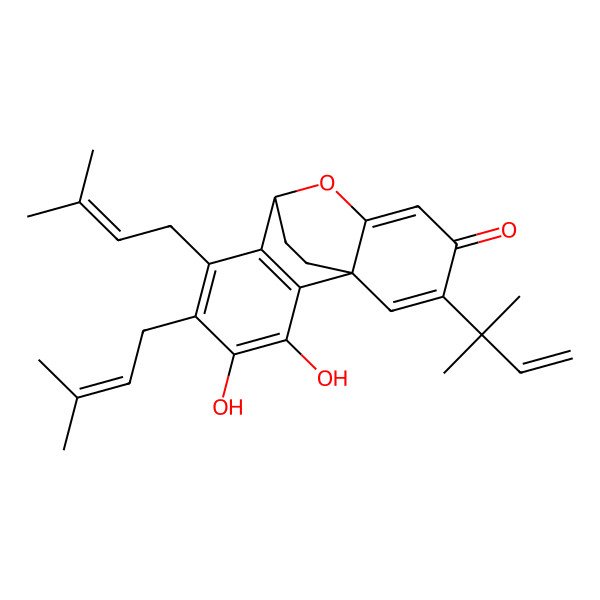 2D Structure of (1R,8R)-3,4-dihydroxy-13-(2-methylbut-3-en-2-yl)-5,6-bis(3-methylbut-2-enyl)-9-oxatetracyclo[6.6.2.01,10.02,7]hexadeca-2(7),3,5,10,13-pentaen-12-one