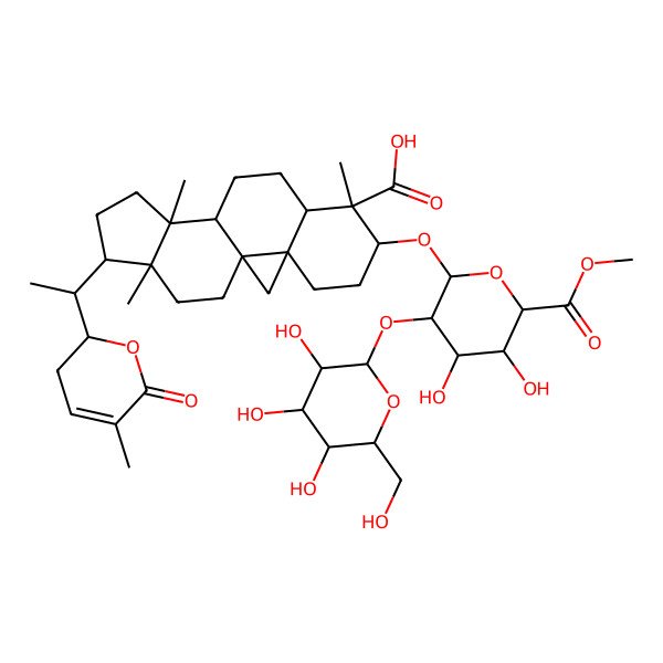2D Structure of 6-[4,5-Dihydroxy-6-methoxycarbonyl-3-[3,4,5-trihydroxy-6-(hydroxymethyl)oxan-2-yl]oxyoxan-2-yl]oxy-7,12,16-trimethyl-15-[1-(5-methyl-6-oxo-2,3-dihydropyran-2-yl)ethyl]pentacyclo[9.7.0.01,3.03,8.012,16]octadecane-7-carboxylic acid