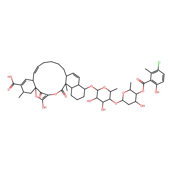 2D Structure of (3R,6R,7Z,13R,16S,17S,21R,22R)-17-[(2R,4R,5S,6R)-5-[(2S,4R,5S,6R)-5-(3-chloro-6-hydroxy-2-methylbenzoyl)oxy-4-hydroxy-6-methyloxan-2-yl]oxy-3,4-dihydroxy-6-methyloxan-2-yl]oxy-26-hydroxy-3,22-dimethyl-23,28-dioxo-24,27-dioxapentacyclo[23.2.1.01,6.013,22.016,21]octacosa-4,7,14,25-tetraene-4-carboxylic acid