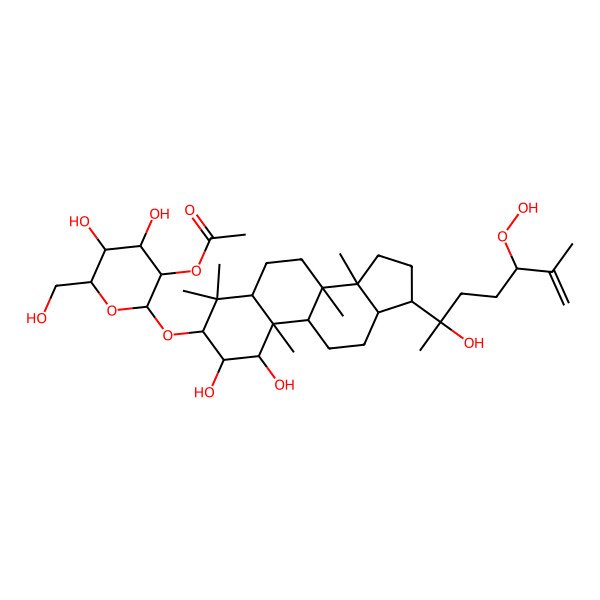 2D Structure of [(2R,3R,4S,5S,6R)-2-[[(1S,2R,3R,5S,8R,9S,10R,13R,14R,17S)-17-[(2R,5S)-5-hydroperoxy-2-hydroxy-6-methylhept-6-en-2-yl]-1,2-dihydroxy-4,4,8,10,14-pentamethyl-2,3,5,6,7,9,11,12,13,15,16,17-dodecahydro-1H-cyclopenta[a]phenanthren-3-yl]oxy]-4,5-dihydroxy-6-(hydroxymethyl)oxan-3-yl] acetate