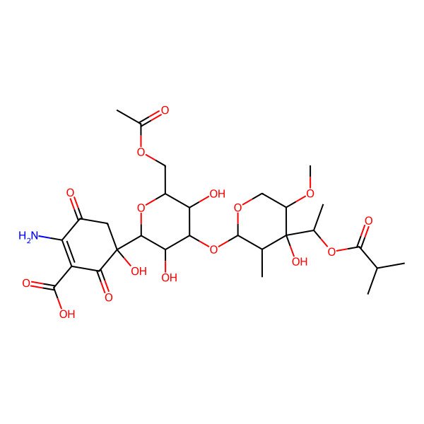 2D Structure of 5-[6-(acetyloxymethyl)-3,5-dihydroxy-4-[4-hydroxy-5-methoxy-3-methyl-4-[1-(2-methylpropanoyloxy)ethyl]oxan-2-yl]oxyoxan-2-yl]-2-amino-5-hydroxy-3,6-dioxocyclohexene-1-carboxylic acid