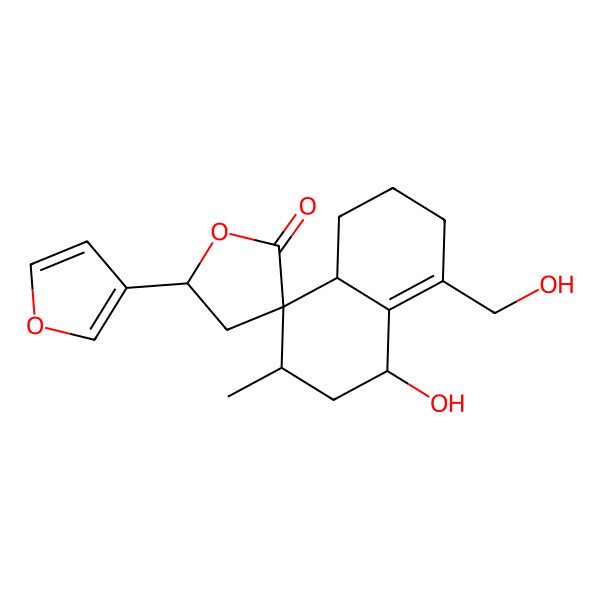 2D Structure of (1R,3R,4R,4aS,5'R)-5'-(furan-3-yl)-1-hydroxy-8-(hydroxymethyl)-3-methylspiro[2,3,4a,5,6,7-hexahydro-1H-naphthalene-4,3'-oxolane]-2'-one