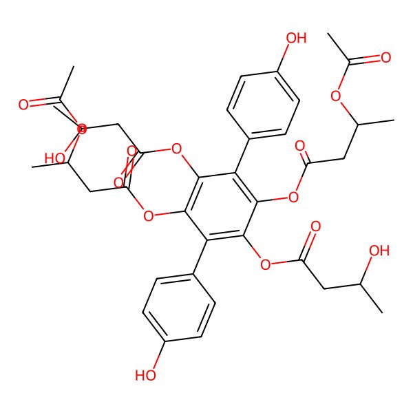 2D Structure of [2,5-bis[[(3R)-3-acetyloxybutanoyl]oxy]-4-[(3S)-3-hydroxybutanoyl]oxy-3,6-bis(4-hydroxyphenyl)phenyl] (3S)-3-hydroxybutanoate