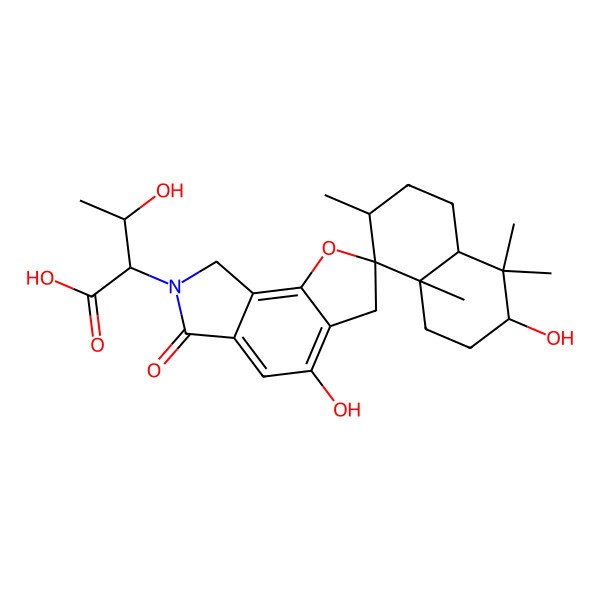 2D Structure of (2S,3R)-2-[(3R,4aS,7R,8R,8aS)-3,4'-dihydroxy-4,4,7,8a-tetramethyl-6'-oxospiro[2,3,4a,5,6,7-hexahydro-1H-naphthalene-8,2'-3,8-dihydrouro[2,3-e]isoindole]-7'-yl]-3-hydroxybutanoic acid
