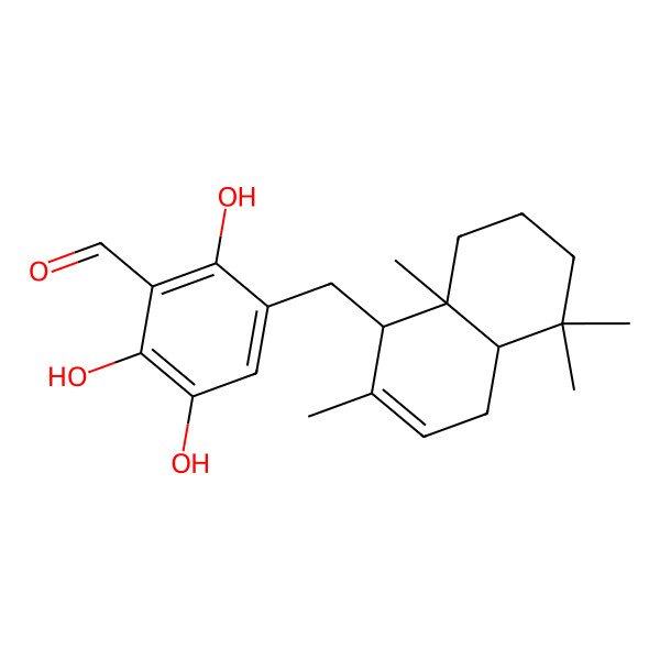 2D Structure of 3-[[(1S,4aS,8aS)-2,5,5,8a-tetramethyl-1,4,4a,6,7,8-hexahydronaphthalen-1-yl]methyl]-2,5,6-trihydroxybenzaldehyde