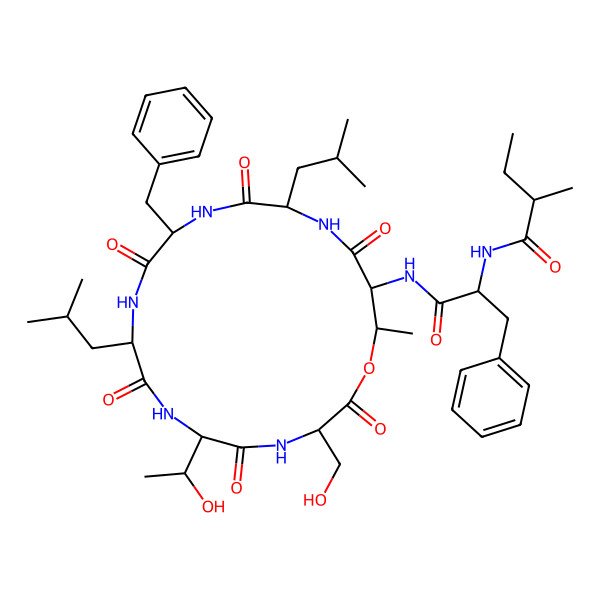 2D Structure of (2R)-N-[(2R)-1-[[(3S,6R,9R,12R,15R,18R,19S)-12-benzyl-6-[(1S)-1-hydroxyethyl]-3-(hydroxymethyl)-19-methyl-9,15-bis(2-methylpropyl)-2,5,8,11,14,17-hexaoxo-1-oxa-4,7,10,13,16-pentazacyclononadec-18-yl]amino]-1-oxo-3-phenylpropan-2-yl]-2-methylbutanamide