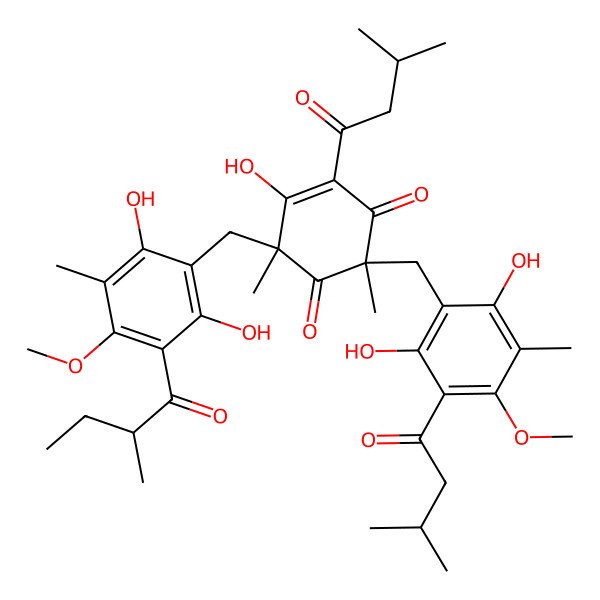 2D Structure of 6-[[2,6-Dihydroxy-4-methoxy-3-methyl-5-(2-methylbutanoyl)phenyl]methyl]-2-[[2,6-dihydroxy-4-methoxy-3-methyl-5-(3-methylbutanoyl)phenyl]methyl]-5-hydroxy-2,6-dimethyl-4-(3-methylbutanoyl)cyclohex-4-ene-1,3-dione