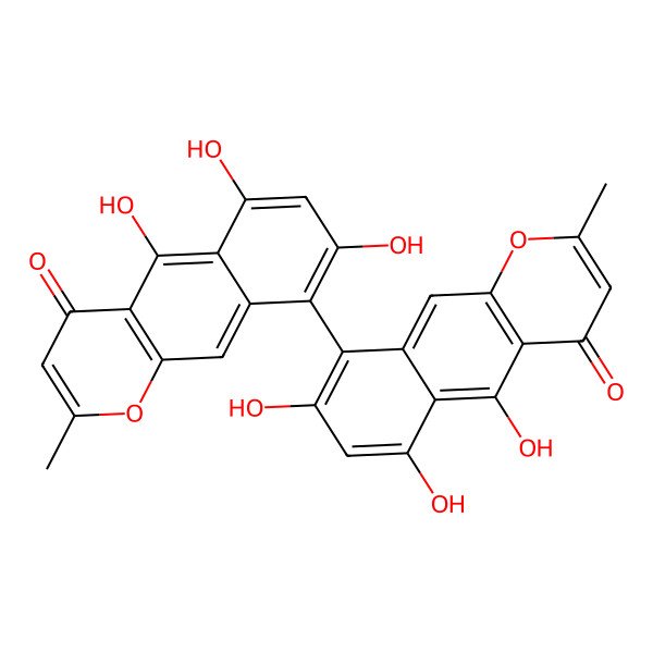 2D Structure of 5,6,8-trihydroxy-2-methyl-9-(5,6,8-trihydroxy-2-methyl-4-oxobenzo[g]chromen-9-yl)benzo[g]chromen-4-one