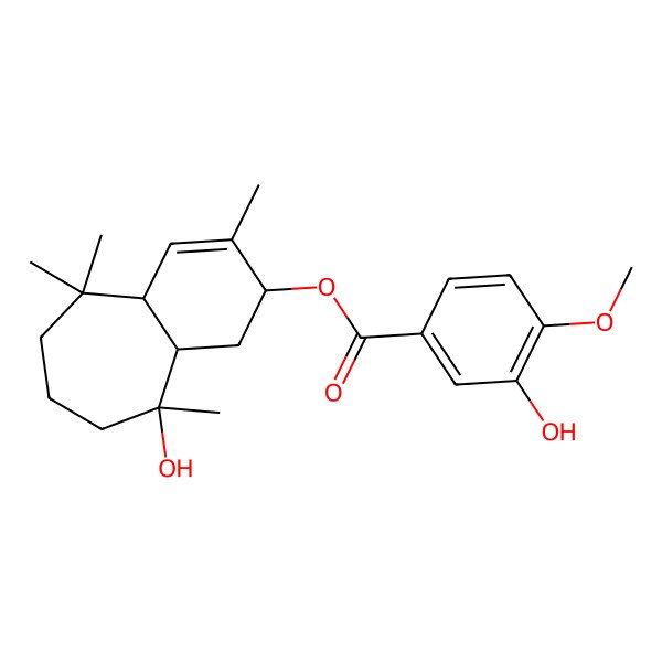 2D Structure of (5-hydroxy-2,5,9,9-tetramethyl-4,4a,6,7,8,9a-hexahydro-3H-benzo[7]annulen-3-yl) 3-hydroxy-4-methoxybenzoate