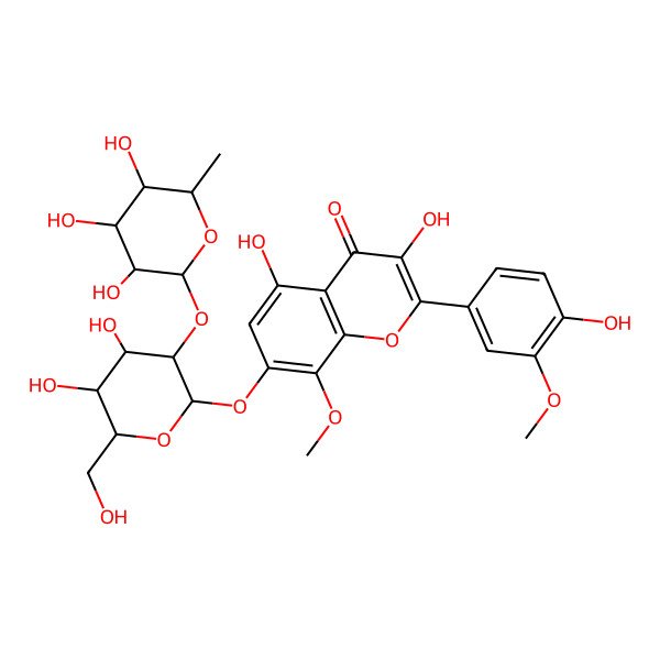 2D Structure of 7-[(2S,3R,4S,5S,6R)-4,5-dihydroxy-6-(hydroxymethyl)-3-[(2S,3R,4R,5R,6S)-3,4,5-trihydroxy-6-methyloxan-2-yl]oxyoxan-2-yl]oxy-3,5-dihydroxy-2-(4-hydroxy-3-methoxyphenyl)-8-methoxychromen-4-one