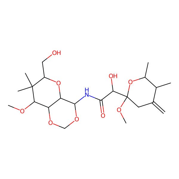 2D Structure of (2S)-N-[(4S,4aS,6S,8S,8aR)-6-(hydroxymethyl)-8-methoxy-7,7-dimethyl-4a,6,8,8a-tetrahydro-4H-pyrano[3,2-d][1,3]dioxin-4-yl]-2-hydroxy-2-[(2R,5R,6R)-2-methoxy-5,6-dimethyl-4-methylideneoxan-2-yl]acetamide