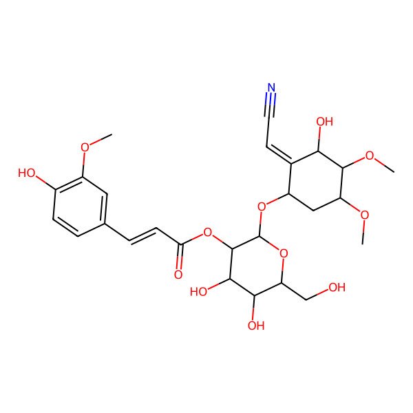 2D Structure of [(2R,3R,4S,5S,6R)-2-[(1R,2E,3S,4R,5S)-2-(cyanomethylidene)-3-hydroxy-4,5-dimethoxycyclohexyl]oxy-4,5-dihydroxy-6-(hydroxymethyl)oxan-3-yl] (E)-3-(4-hydroxy-3-methoxyphenyl)prop-2-enoate