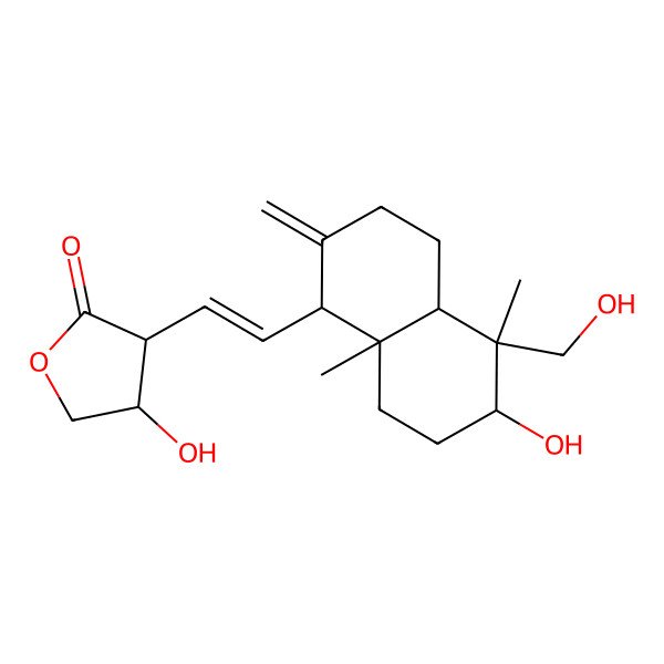 2D Structure of 4-hydroxy-3-[2-[6-hydroxy-5-(hydroxymethyl)-5,8a-dimethyl-2-methylidene-3,4,4a,6,7,8-hexahydro-1H-naphthalen-1-yl]ethenyl]oxolan-2-one