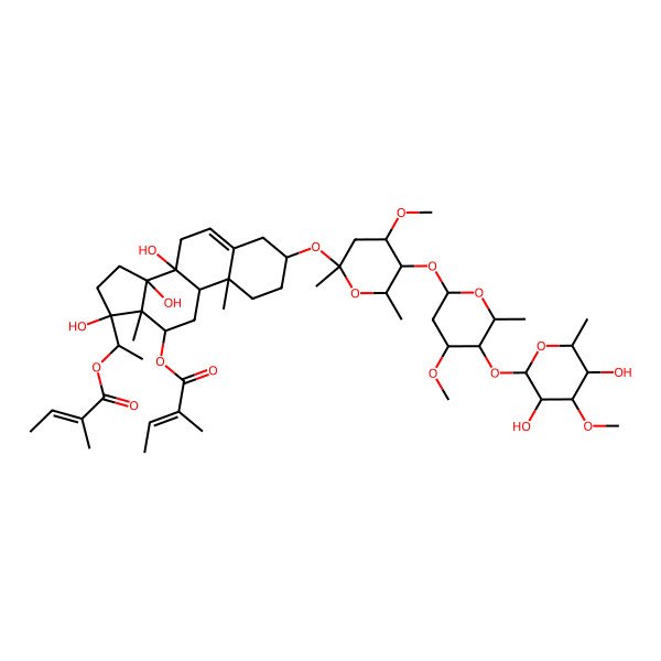 2D Structure of [(3S,8S,10R,12R,13R,14R,17S)-3-[5-[5-(3,5-dihydroxy-4-methoxy-6-methyloxan-2-yl)oxy-4-methoxy-6-methyloxan-2-yl]oxy-4-methoxy-2,6-dimethyloxan-2-yl]oxy-8,14,17-trihydroxy-10,13-dimethyl-17-[1-[(E)-2-methylbut-2-enoyl]oxyethyl]-1,2,3,4,7,9,11,12,15,16-decahydrocyclopenta[a]phenanthren-12-yl] (Z)-2-methylbut-2-enoate