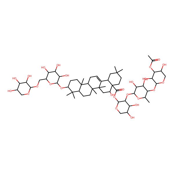 2D Structure of [3-[5-(4-Acetyloxy-3,5-dihydroxyoxan-2-yl)oxy-3,4-dihydroxy-6-methyloxan-2-yl]oxy-4,5-dihydroxyoxan-2-yl] 5-hydroxy-2,2,6a,6b,9,9,12a-heptamethyl-10-[3,4,5-trihydroxy-6-[(3,4,5-trihydroxyoxan-2-yl)oxymethyl]oxan-2-yl]oxy-1,3,4,5,6,6a,7,8,8a,10,11,12,13,14b-tetradecahydropicene-4a-carboxylate