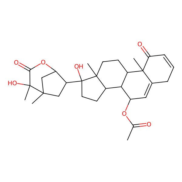 2D Structure of [(7S,8S,9S,10R,13S,14S,17R)-17-hydroxy-17-[(1R,4R,5R,7S)-4-hydroxy-4,5-dimethyl-3-oxo-2-oxabicyclo[3.2.1]octan-7-yl]-10,13-dimethyl-1-oxo-7,8,9,11,12,14,15,16-octahydro-4H-cyclopenta[a]phenanthren-7-yl] acetate