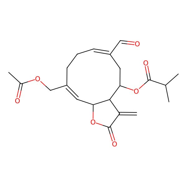 2D Structure of [(3aR,4R,6E,10E,11aR)-10-(acetyloxymethyl)-6-formyl-3-methylidene-2-oxo-3a,4,5,8,9,11a-hexahydrocyclodeca[b]furan-4-yl] 2-methylpropanoate