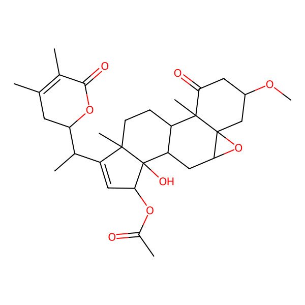 2D Structure of [15-[1-(4,5-Dimethyl-6-oxo-2,3-dihydropyran-2-yl)ethyl]-12-hydroxy-5-methoxy-2,16-dimethyl-3-oxo-8-oxapentacyclo[9.7.0.02,7.07,9.012,16]octadec-14-en-13-yl] acetate