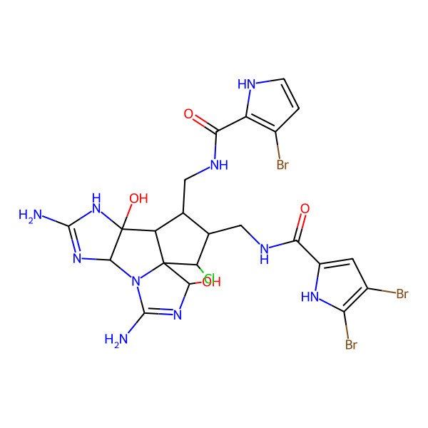 2D Structure of 4,5-dibromo-N-[[(1S,2S,6S,10S,11S,12S,13S,14S)-4,8-diamino-12-[[(3-bromo-1H-pyrrole-2-carbonyl)amino]methyl]-14-chloro-2,10-dihydroxy-3,5,7,9-tetrazatetracyclo[9.3.0.01,5.06,10]tetradeca-3,7-dien-13-yl]methyl]-1H-pyrrole-2-carboxamide