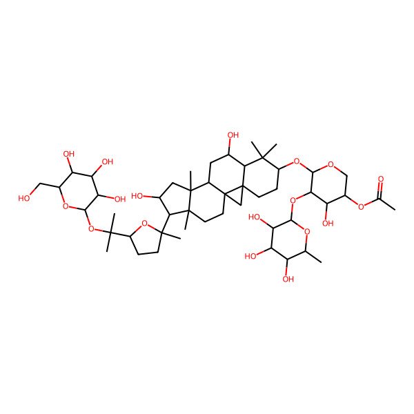2D Structure of [6-[[9,14-Dihydroxy-7,7,12,16-tetramethyl-15-[2-methyl-5-[2-[3,4,5-trihydroxy-6-(hydroxymethyl)oxan-2-yl]oxypropan-2-yl]oxolan-2-yl]-6-pentacyclo[9.7.0.01,3.03,8.012,16]octadecanyl]oxy]-4-hydroxy-5-(3,4,5-trihydroxy-6-methyloxan-2-yl)oxyoxan-3-yl] acetate