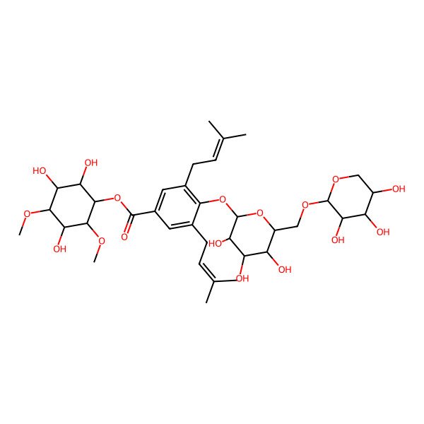 2D Structure of (2,3,5-Trihydroxy-4,6-dimethoxycyclohexyl) 3,5-bis(3-methylbut-2-enyl)-4-[3,4,5-trihydroxy-6-[(3,4,5-trihydroxyoxan-2-yl)oxymethyl]oxan-2-yl]oxybenzoate