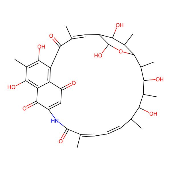2D Structure of 6,8,21,23,27,28-Hexahydroxy-3,7,16,20,22,24,29-heptamethyl-26-oxa-14-azatetracyclo[23.2.2.19,13.05,10]triaconta-2,5(10),6,8,12,16,18-heptaene-4,11,15,30-tetrone