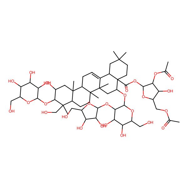 2D Structure of [3-Acetyloxy-5-(acetyloxymethyl)-4-hydroxyoxolan-2-yl] 5-[3-[3,4-dihydroxy-5-(hydroxymethyl)oxolan-2-yl]oxy-4,5-dihydroxy-6-(hydroxymethyl)oxan-2-yl]oxy-11-hydroxy-9-(hydroxymethyl)-2,2,6a,6b,9,12a-hexamethyl-10-[3,4,5-trihydroxy-6-(hydroxymethyl)oxan-2-yl]oxy-1,3,4,5,6,6a,7,8,8a,10,11,12,13,14b-tetradecahydropicene-4a-carboxylate