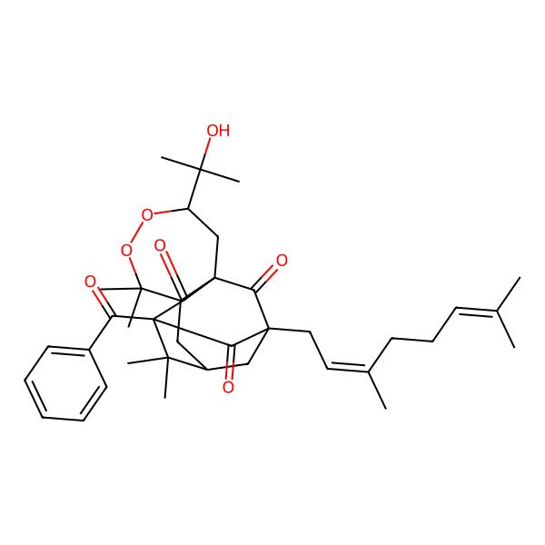 2D Structure of (1R,3S,7S,9S,11R,13S)-11-benzoyl-13-[(2E)-3,7-dimethylocta-2,6-dienyl]-3-(2-hydroxypropan-2-yl)-6,6,10,10-tetramethyl-4,5-dioxatetracyclo[9.3.1.19,13.01,7]hexadecane-12,14,15-trione