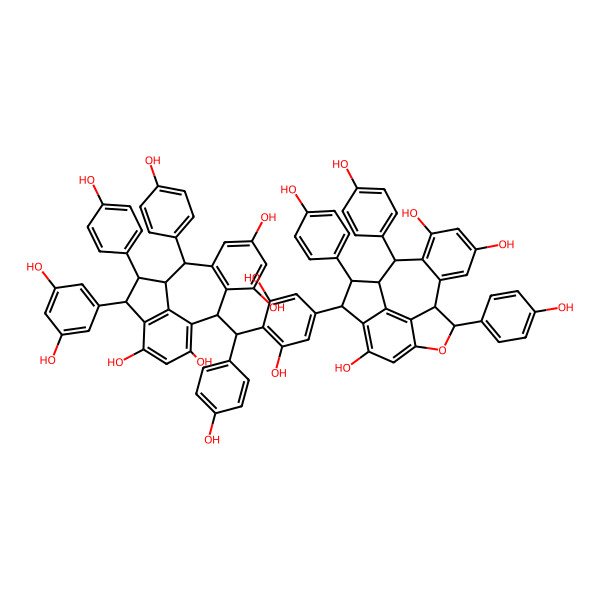 2D Structure of (2R,9S,10S,11S,12S)-12-(3,5-dihydroxyphenyl)-2-[(R)-[2,6-dihydroxy-4-[(2S,3S,9R,10R,17S)-5,13,15-trihydroxy-2,9,17-tris(4-hydroxyphenyl)-8-oxapentacyclo[8.7.2.04,18.07,19.011,16]nonadeca-4(18),5,7(19),11(16),12,14-hexaen-3-yl]phenyl]-(4-hydroxyphenyl)methyl]-9,11-bis(4-hydroxyphenyl)tetracyclo[8.6.1.03,8.013,17]heptadeca-1(16),3(8),4,6,13(17),14-hexaene-4,6,14,16-tetrol