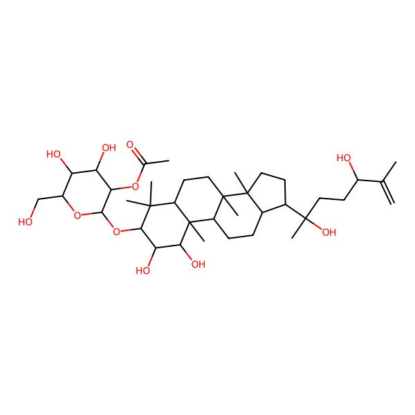 2D Structure of [(2R,3R,4S,5S,6R)-2-[[(1S,2R,3R,5S,8R,9S,10R,13R,14R,17S)-17-[(2R,5R)-2,5-dihydroxy-6-methylhept-6-en-2-yl]-1,2-dihydroxy-4,4,8,10,14-pentamethyl-2,3,5,6,7,9,11,12,13,15,16,17-dodecahydro-1H-cyclopenta[a]phenanthren-3-yl]oxy]-4,5-dihydroxy-6-(hydroxymethyl)oxan-3-yl] acetate