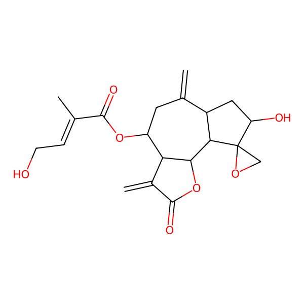 2D Structure of (8-Hydroxy-3,6-dimethylidene-2-oxospiro[3a,4,5,6a,7,8,9a,9b-octahydroazuleno[4,5-b]furan-9,2'-oxirane]-4-yl) 4-hydroxy-2-methylbut-2-enoate