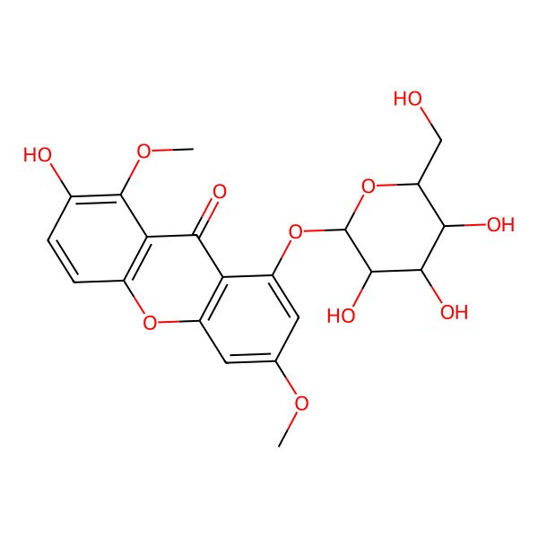 2D Structure of 2-hydroxy-1,6-dimethoxy-8-[(2S,3R,4S,5S,6R)-3,4,5-trihydroxy-6-(hydroxymethyl)oxan-2-yl]oxyxanthen-9-one