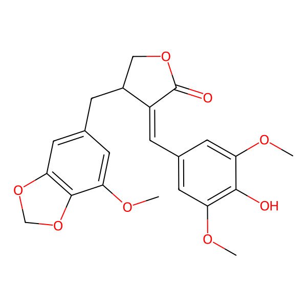 2D Structure of 3-[(4-Hydroxy-3,5-dimethoxyphenyl)methylidene]-4-[(7-methoxy-1,3-benzodioxol-5-yl)methyl]oxolan-2-one