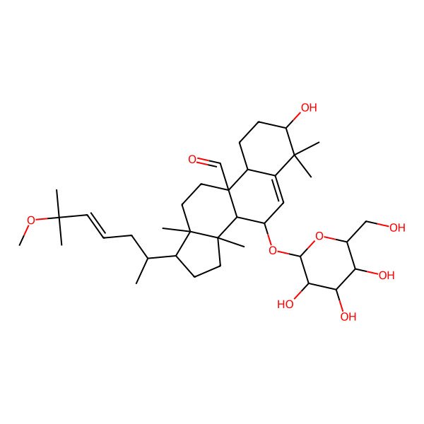 2D Structure of 3-hydroxy-17-(6-methoxy-6-methylhept-4-en-2-yl)-4,4,13,14-tetramethyl-7-[3,4,5-trihydroxy-6-(hydroxymethyl)oxan-2-yl]oxy-2,3,7,8,10,11,12,15,16,17-decahydro-1H-cyclopenta[a]phenanthrene-9-carbaldehyde