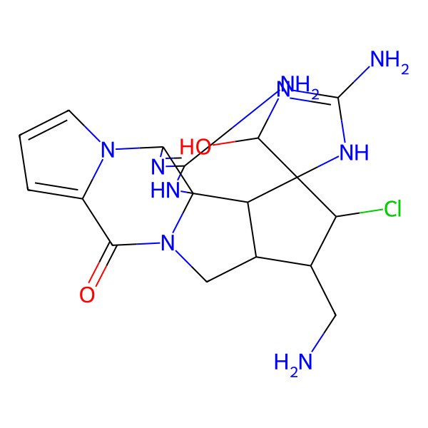 2D Structure of 2,3'-Diamino-15'-(aminomethyl)-16'-chloro-4-hydroxyspiro[1,4-dihydroimidazole-5,17'-2,4,6,12-tetrazapentacyclo[10.6.0.01,5.06,10.014,18]octadeca-3,7,9-triene]-11'-one