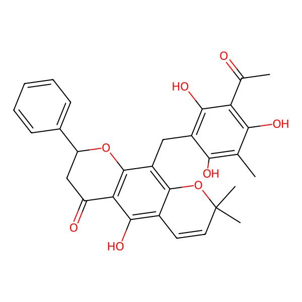 2D Structure of (8S)-10-[(3-acetyl-2,4,6-trihydroxy-5-methylphenyl)methyl]-5-hydroxy-2,2-dimethyl-8-phenyl-7,8-dihydropyrano[3,2-g]chromen-6-one