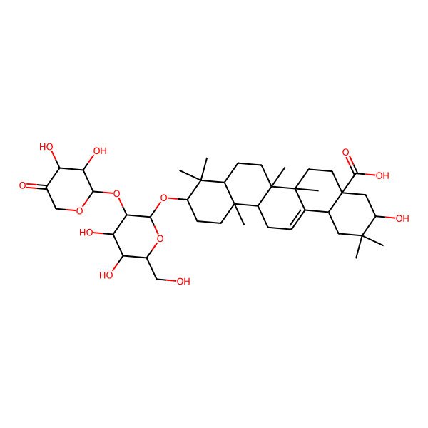 2D Structure of (3R,4aR,6aR,6aS,6bR,8aR,10S,12aR,14bS)-10-[(2R,3R,4S,5S,6R)-3-[(2S,3R,4R)-3,4-dihydroxy-5-oxooxan-2-yl]oxy-4,5-dihydroxy-6-(hydroxymethyl)oxan-2-yl]oxy-3-hydroxy-2,2,6a,6b,9,9,12a-heptamethyl-1,3,4,5,6,6a,7,8,8a,10,11,12,13,14b-tetradecahydropicene-4a-carboxylic acid