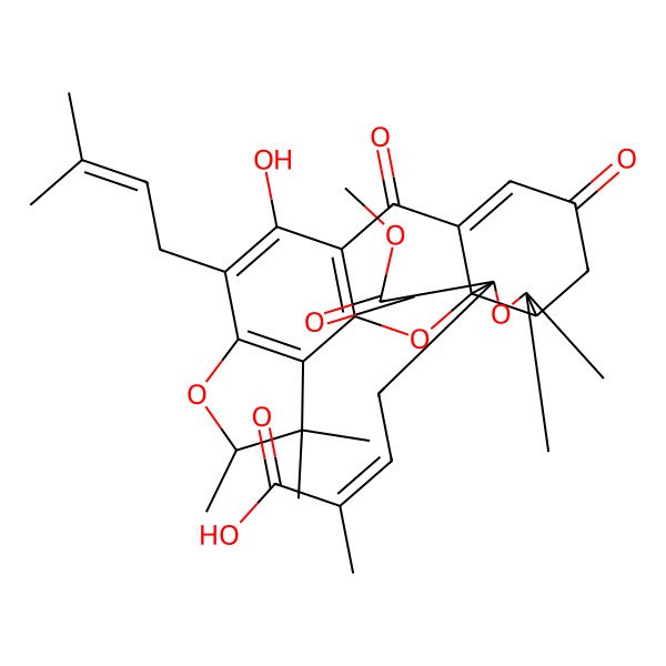 2D Structure of (E)-4-[(1R,6S,17R,20S)-10-hydroxy-20-methoxycarbonyl-5,5,6,18,18-pentamethyl-9-(3-methylbut-2-enyl)-12,15-dioxo-2,7,19-trioxapentacyclo[11.7.0.01,17.03,11.04,8]icosa-3(11),4(8),9,13-tetraen-20-yl]-2-methylbut-2-enoic acid