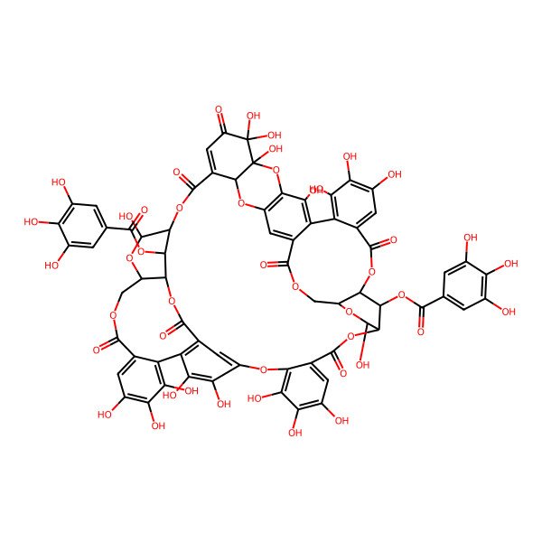 2D Structure of [4,5,6,12,20,21,22,25,30,31,31,38,46,47,48,51,52-Heptadecahydroxy-9,17,32,35,43,55,62-heptaoxo-65-(3,4,5-trihydroxybenzoyl)oxy-2,10,13,16,28,36,39,42,56,59,63-undecaoxadodecacyclo[35.15.6.514,27.111,15.126,30.03,8.018,23.029,34.040,57.044,49.050,54.024,61]pentahexaconta-1(52),3,5,7,18,20,22,24,26,33,44,46,48,50,53,60-hexadecaen-58-yl] 3,4,5-trihydroxybenzoate