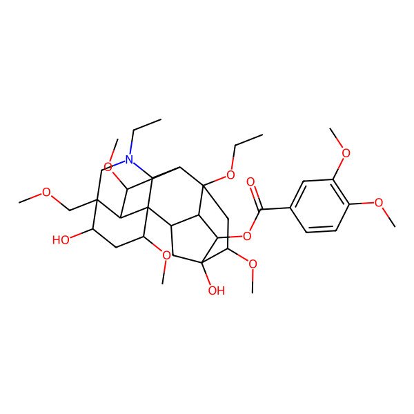 2D Structure of [(1S,2S,3S,4R,5R,6R,8S,9R,10R,13R,14R,16R,17S,18R)-8-ethoxy-11-ethyl-5,14-dihydroxy-6,16,18-trimethoxy-13-(methoxymethyl)-11-azahexacyclo[7.7.2.12,5.01,10.03,8.013,17]nonadecan-4-yl] 3,4-dimethoxybenzoate