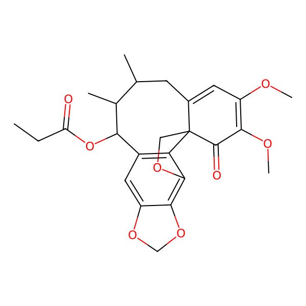 2D Structure of (18,19-Dimethoxy-13,14-dimethyl-20-oxo-3,6,8-trioxapentacyclo[9.9.1.01,16.04,21.05,9]henicosa-4(21),5(9),10,16,18-pentaen-12-yl) propanoate