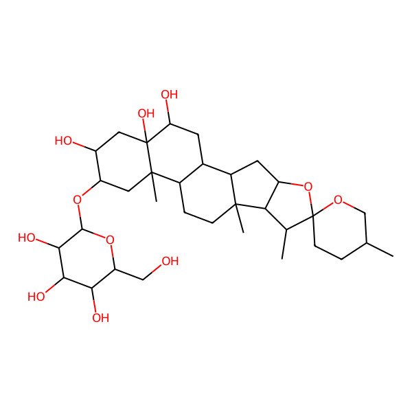 2D Structure of 5',7,9,13-Tetramethyl-15-[3,4,5-trihydroxy-6-(hydroxymethyl)oxan-2-yl]oxyspiro[5-oxapentacyclo[10.8.0.02,9.04,8.013,18]icosane-6,2'-oxane]-16,18,19-triol